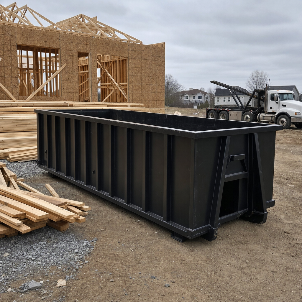 Matte-black 40-yard roll-off dumpster staged on a framed-out residential construction site in Springfield, framing lumber stacked nearby, hooklift delivery truck visible in the background under bright Colorado daylight