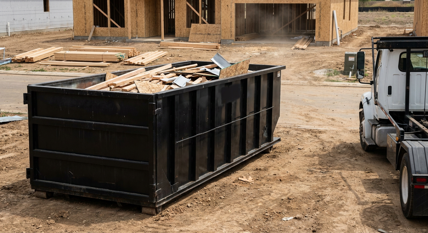 Matte-black 20-yard roll-off construction dumpster with heavy ribbed steel sidewalls and swing rear doors at a working jobsite in Springfield, sitting directly on compacted dirt with an unmarked white hauler partially visible at the far edge of the frame.