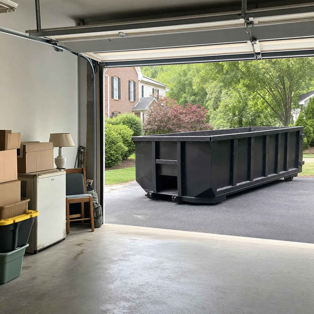 Open garage interior in a Springfield home mid-cleanout — boxed items, an old appliance, and stacked yard tools queued near the driveway for a matte-black roll-off dumpster, organized and calm