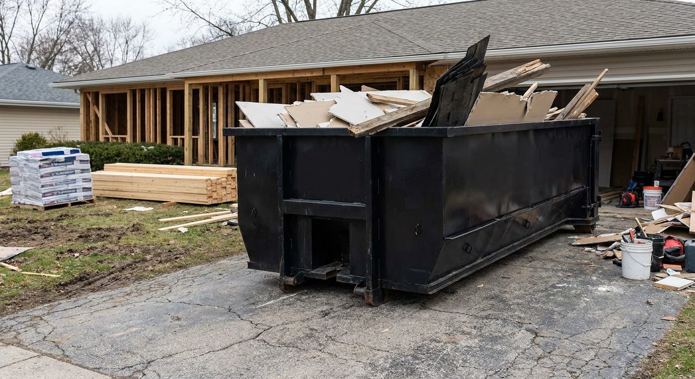 A matte-black 20-yard roll-off dumpster placed alongside a mid-renovation Springfield home directly on the asphalt driveway, with framing materials and torn-off shingles staged neatly nearby.